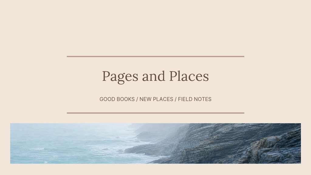 Minimal beige YouTube banner with the title Pages and Places above a wide coastal landscape photo.