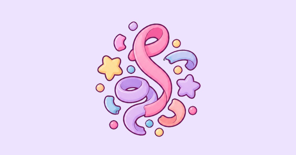 Colorful pink, purple, and yellow abstract birthday-style graphic on a light lavender background.