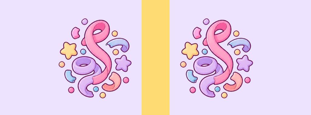 Colorful mirrored party doodles on a lavender background with a yellow center stripe.