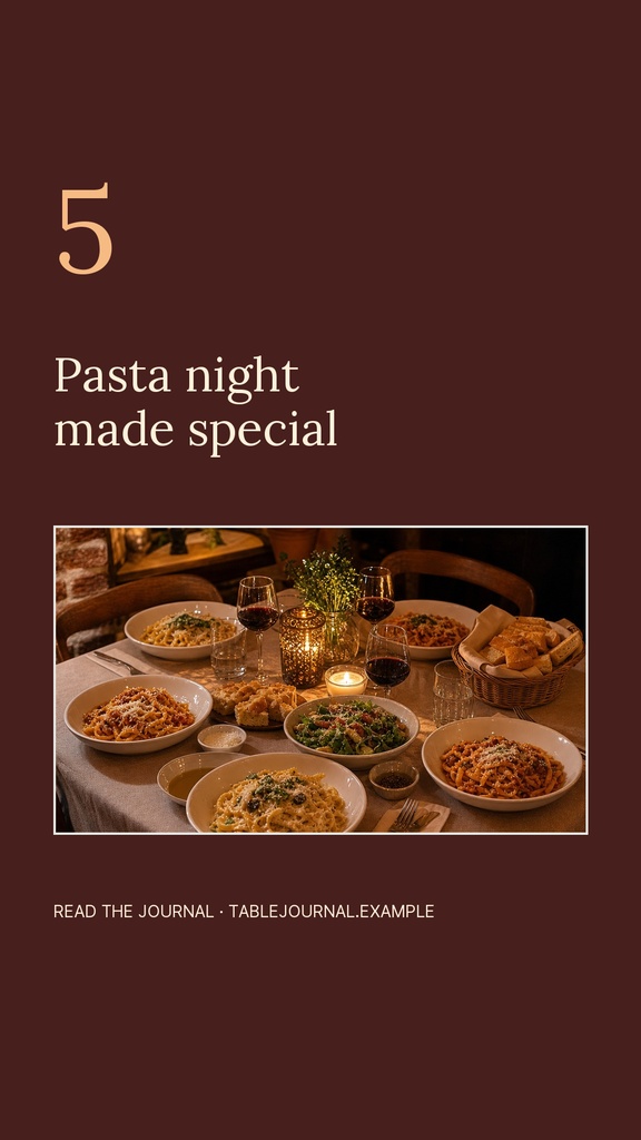 Portrait story template with the number 5, pasta night title, and a candlelit table of pasta dishes.