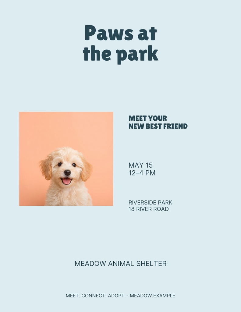 Portrait flyer with a puppy photo, event details, and the title Paws at the Park.
