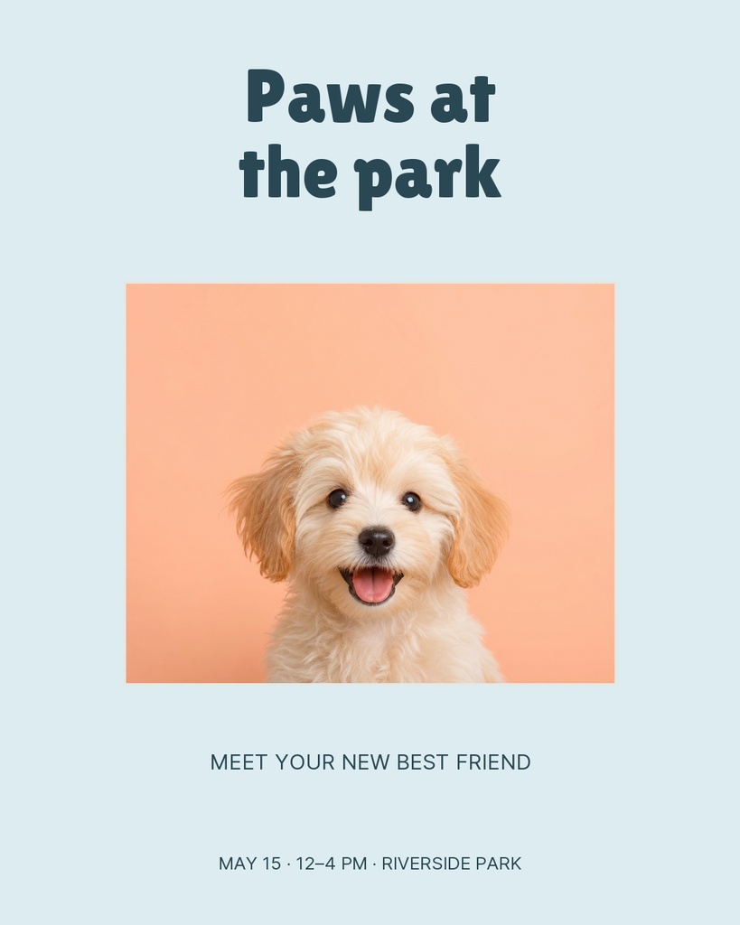 Portrait post template with the title Paws at the park above a puppy photo and event details below.