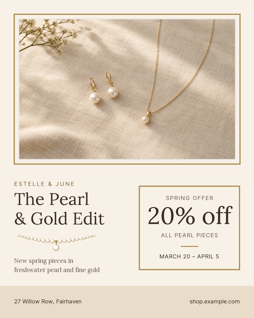 Portrait social post template with pearl jewelry, gold accents, and a spring sale offer.