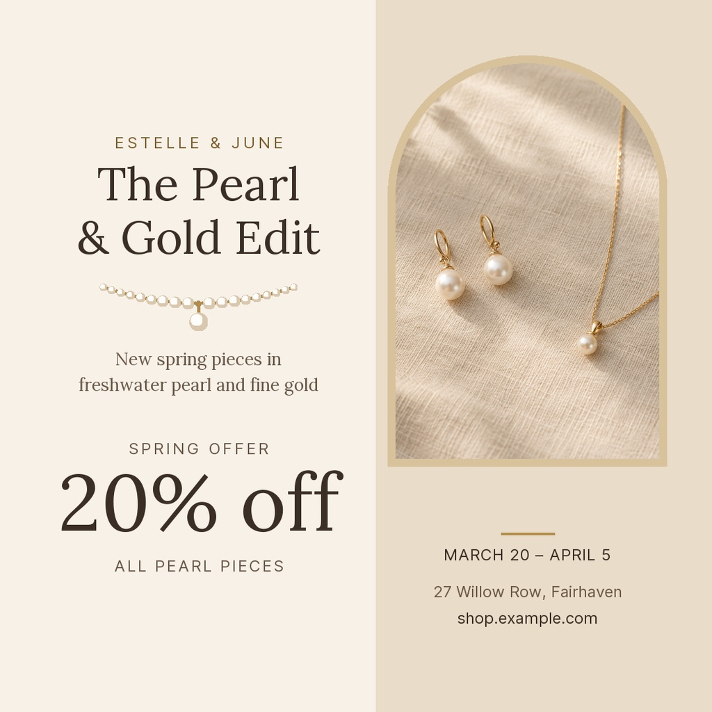 Square jewelry sale post with pearl earrings, a gold necklace, and a 20 percent off spring offer.