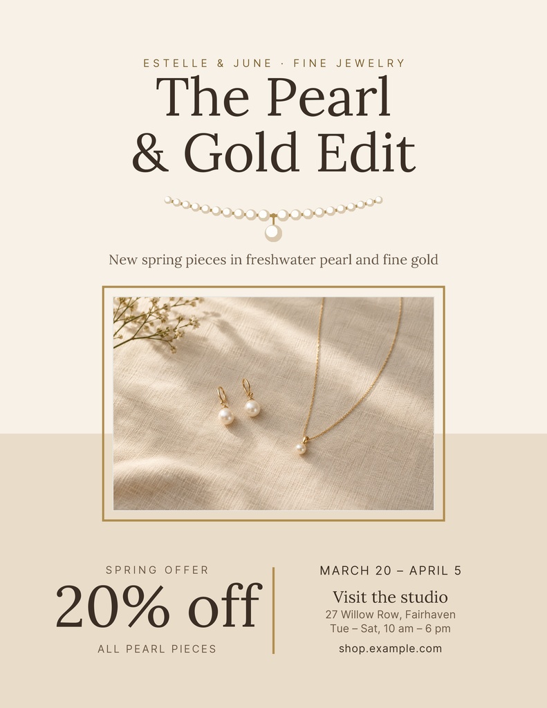 Portrait jewelry sale flyer with pearl necklace, gold accents, and spring offer text