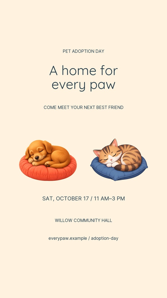 Vertical Instagram story template with a sleeping dog and cat, pet adoption day text, and event details on a cream background.