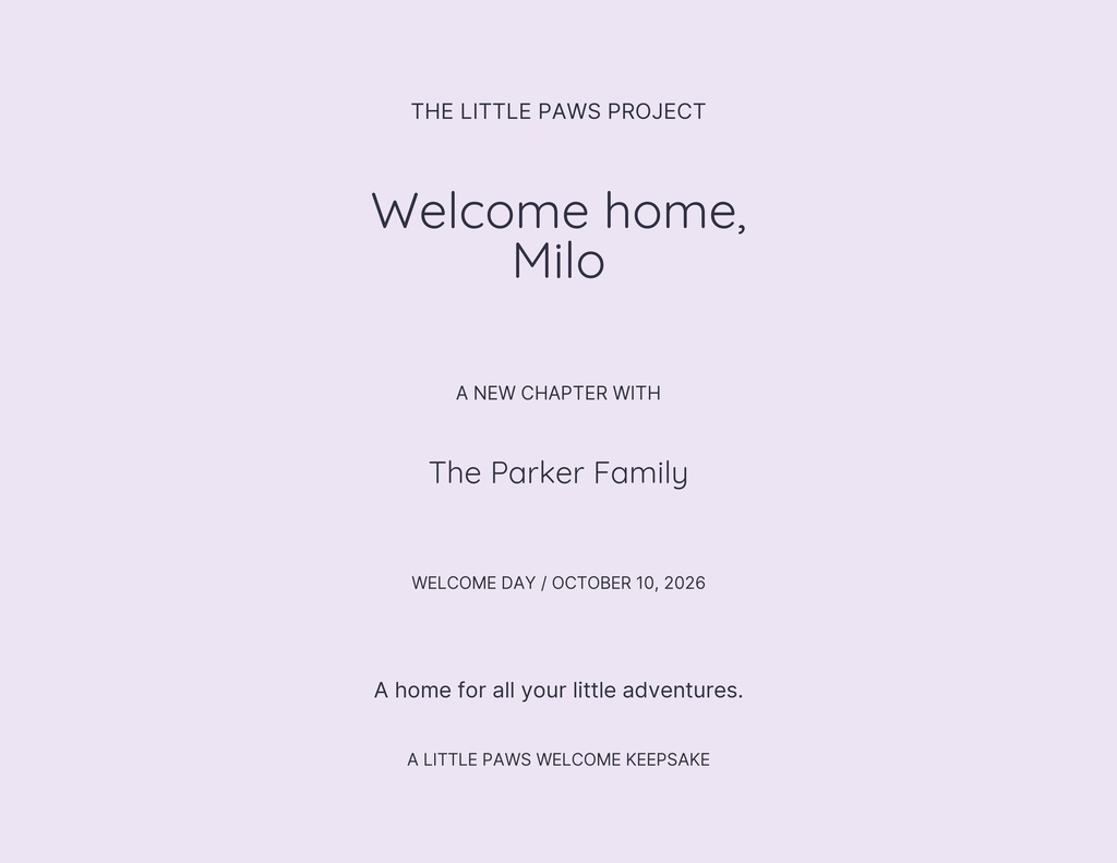Landscape keepsake certificate with centered text welcoming Milo home from The Parker Family.