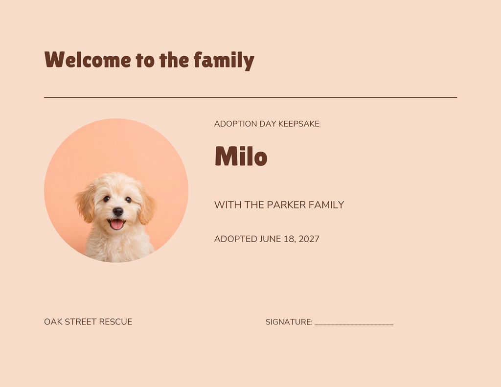 Landscape certificate with a puppy photo, the heading Welcome to the family, and adoption details.