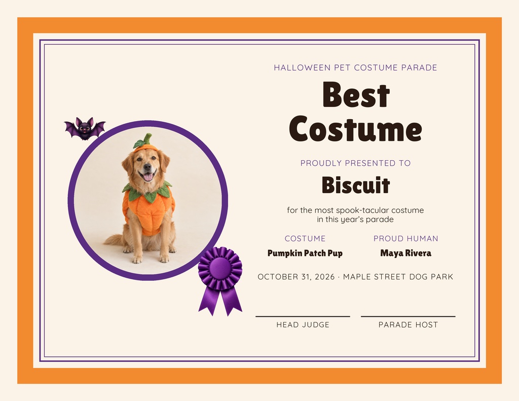 Landscape certificate with a dog in a pumpkin costume, purple ribbon, and Halloween pet costume parade text.
