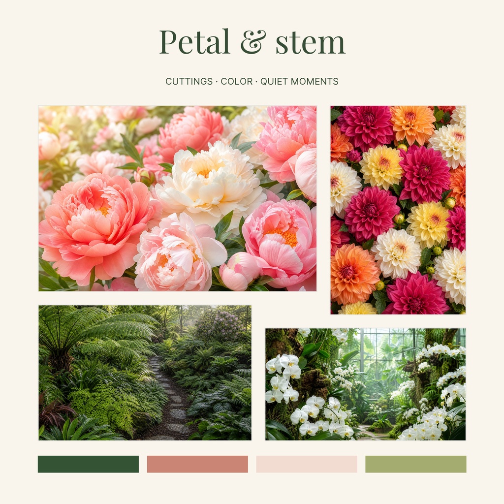 Square collage with pink flowers, colorful blooms, garden paths, and four muted color swatches.