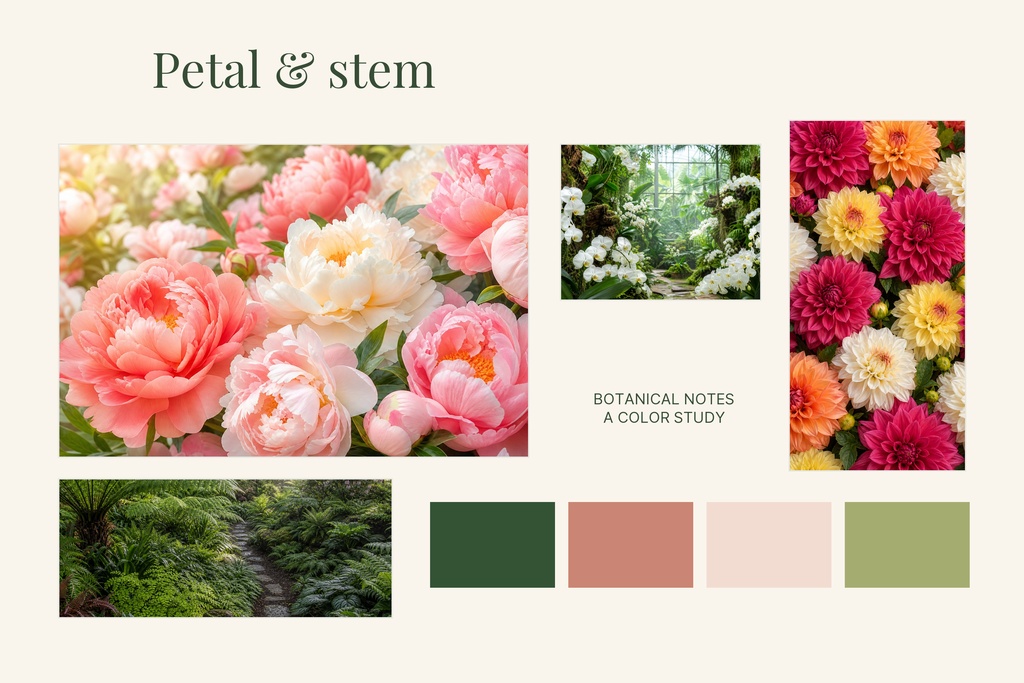 Botanical collage layout with pink flowers, garden photos, and a muted color palette.