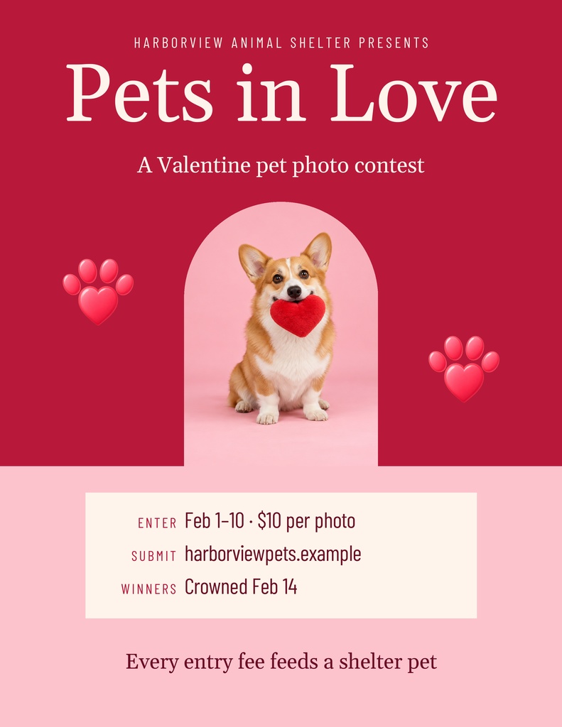 Valentine pet contest flyer with a corgi holding a heart and pink paw prints