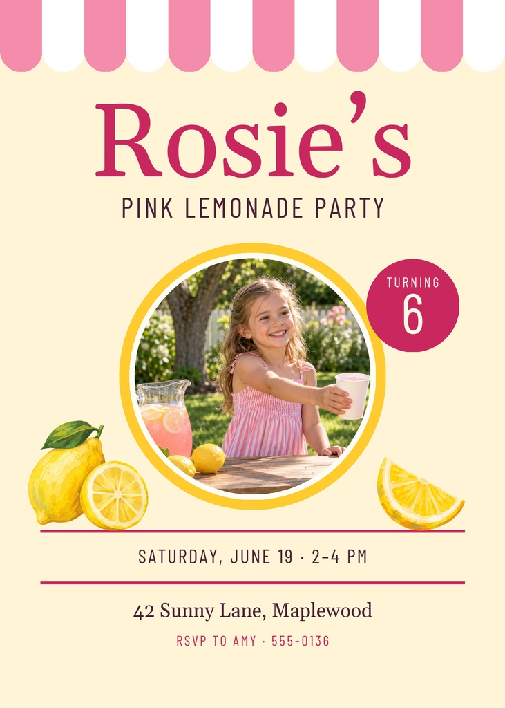 Pink lemonade themed sixth birthday invitation with a child photo, lemons, and pink scalloped top border.