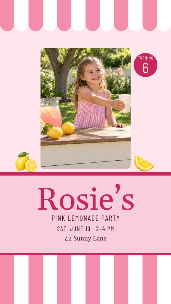 Pink and white striped birthday story template with a girl holding a cup beside lemonade and lemons.