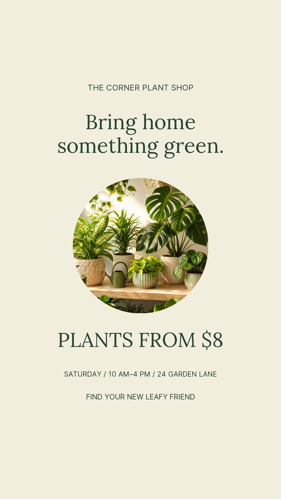 Portrait plant shop story opener with houseplants, sale text, and a circular photo layout.