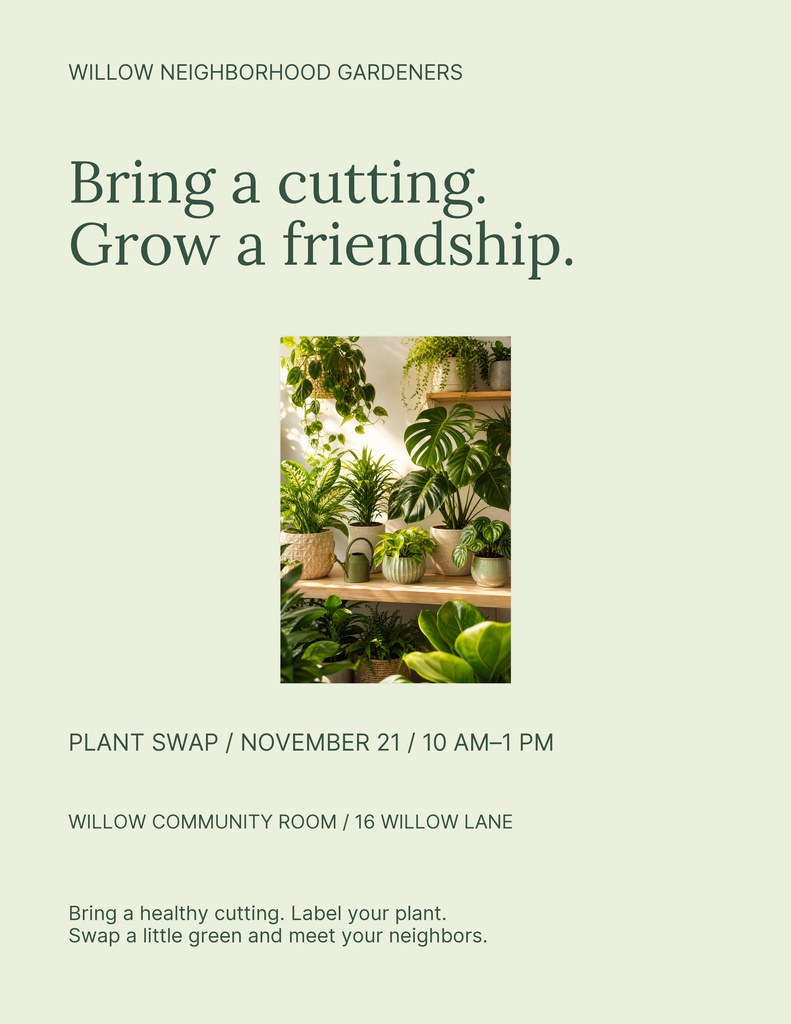 Portrait flyer for a neighborhood plant swap with houseplant photo and event details