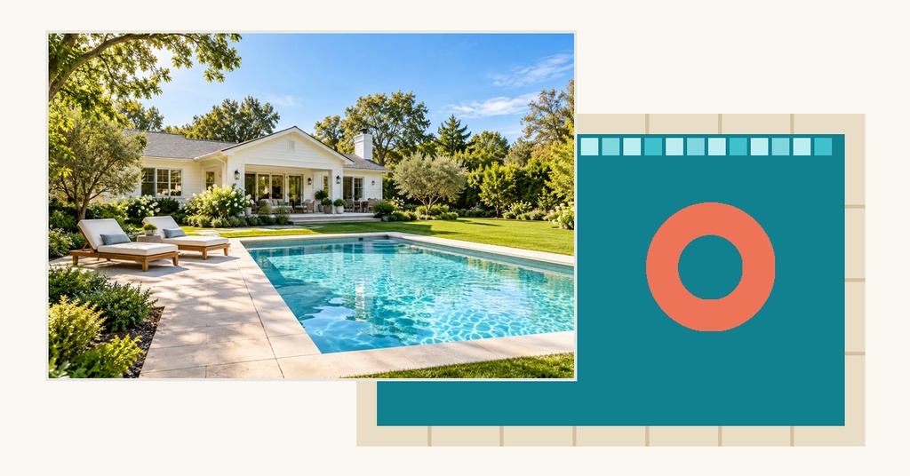 Modern house with a swimming pool beside a teal event cover layout