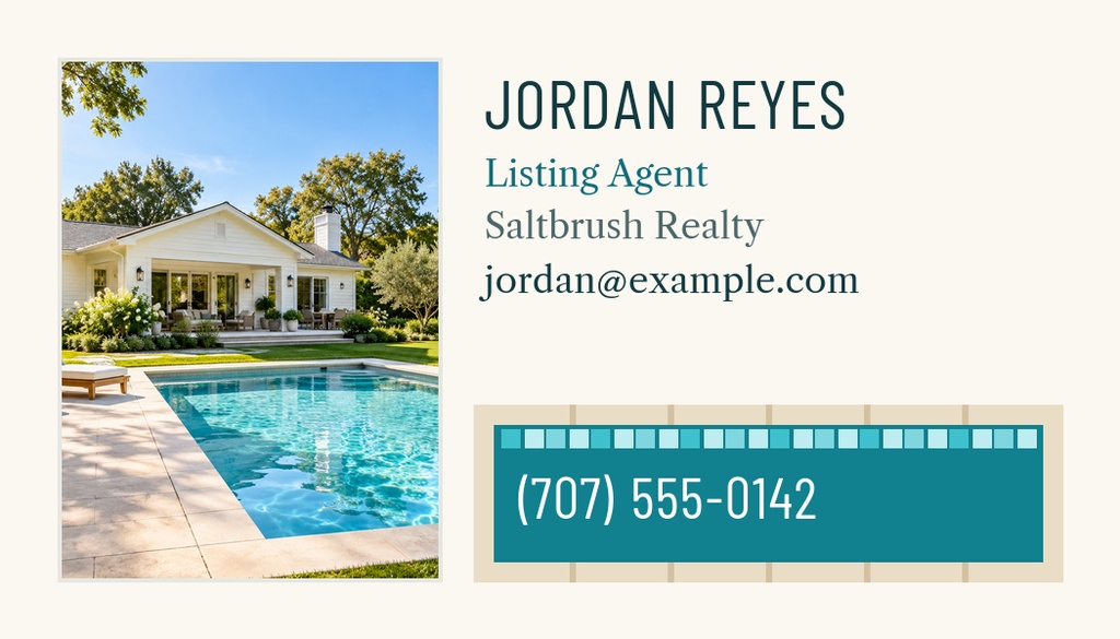 Real estate contact card with a house and pool photo, agent name, email, and phone number.