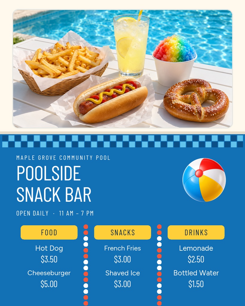 Poolside snack bar menu poster with food photos, prices, and a beach ball graphic.