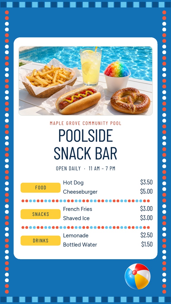 Vertical poolside snack bar menu with poolside snacks, drinks, and beach ball decoration