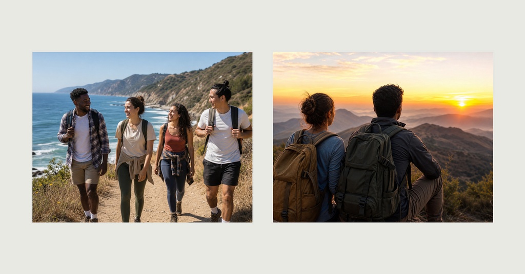 Two travel photos showing friends walking by the sea and a couple watching sunset over mountains.