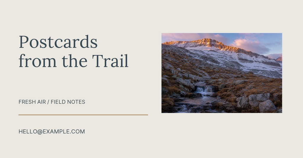 Minimal group cover design with mountain landscape photo and the title Postcards from the Trail.