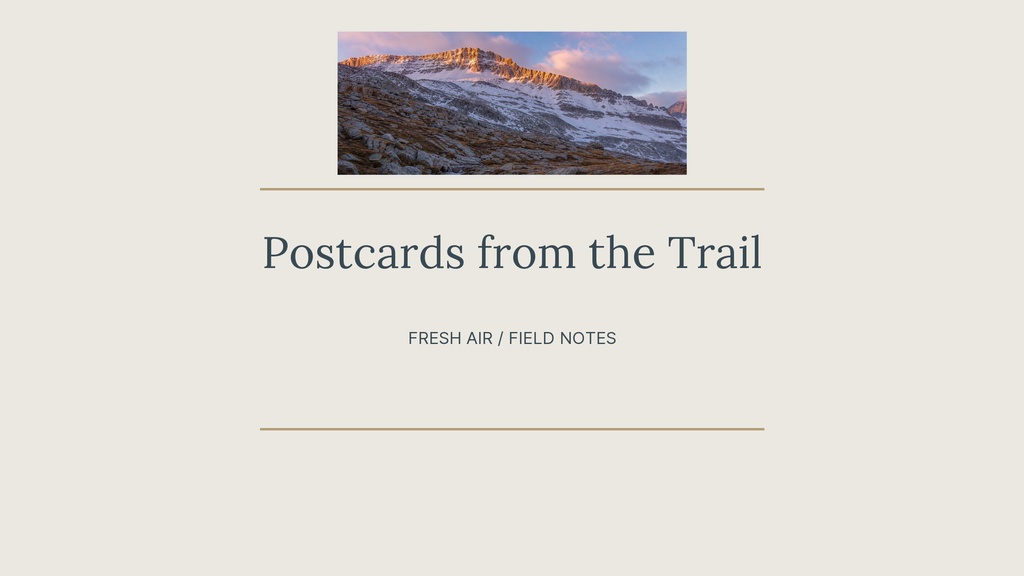 Minimal YouTube banner with mountain photo and the text Postcards from the Trail