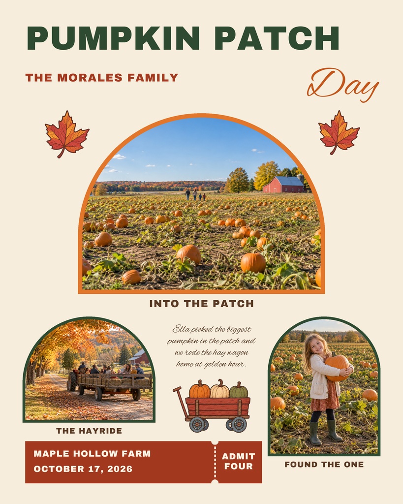 Pumpkin patch scrapbook page with fall photos, leaves, hayride scene, and a child holding a pumpkin.