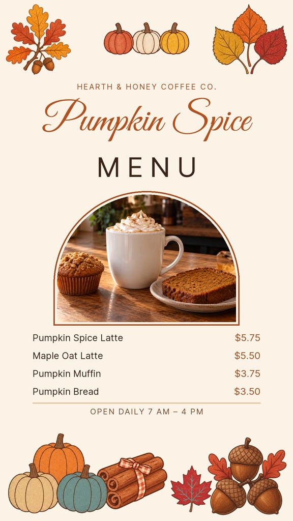 Portrait pumpkin spice coffee shop menu with fall leaves, pumpkins, mugs, and listed drink and bakery items.