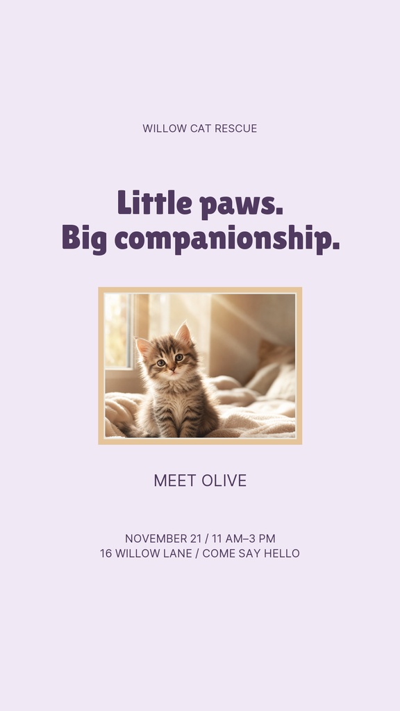 Portrait template with a kitten photo, pet rescue text, and soft lavender background.