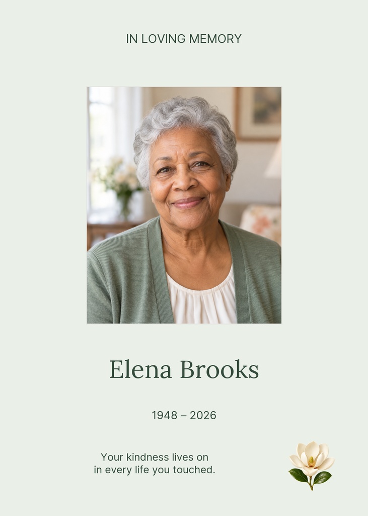 Memorial card layout with a portrait, name, dates, and a small floral illustration.