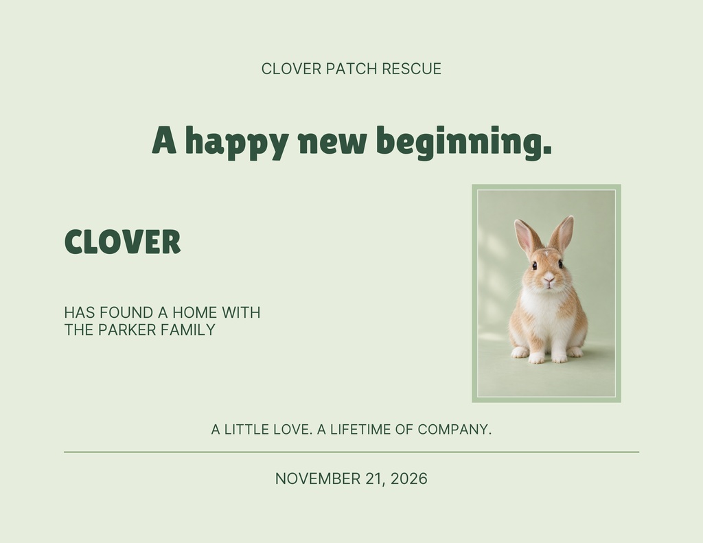 Landscape certificate with rabbit photo, Clover title, adoption message, and date on a pale green background.