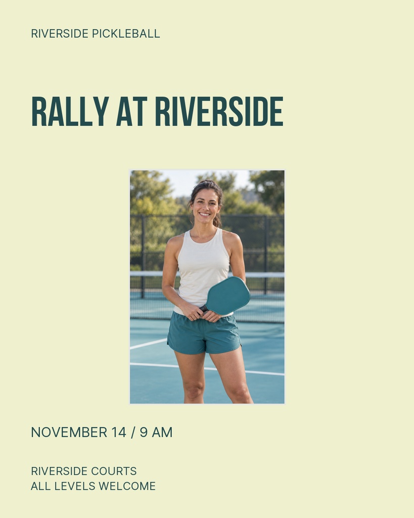 Portrait poster with a woman holding a pickleball paddle on an outdoor court.