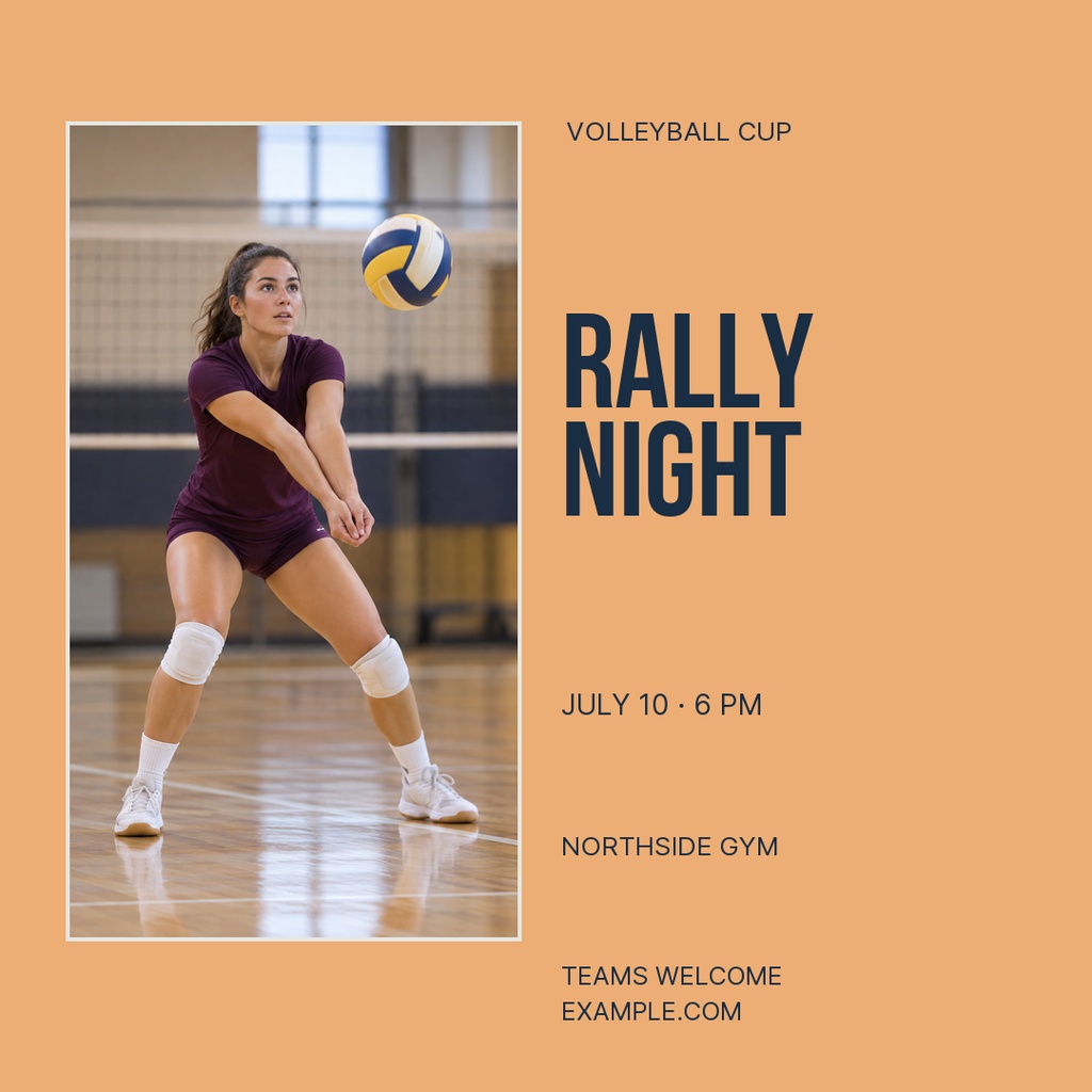 A volleyball player in a gym beside bold text reading Rally Night on a square orange post.