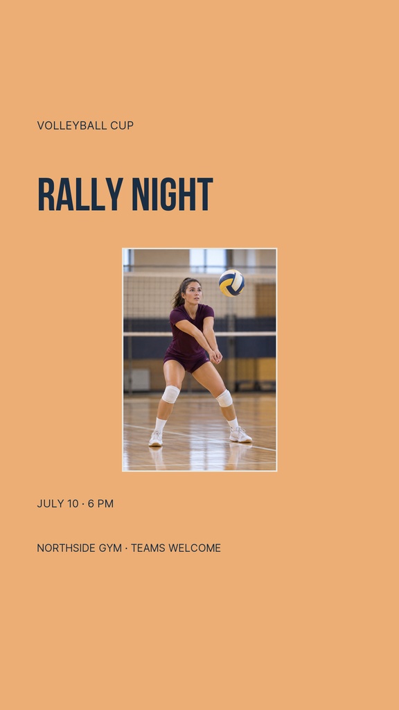 Portrait volleyball story template with a player on a peach background and bold Rally Night text.