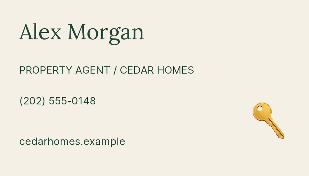 Landscape contact card with the name Alex Morgan, property agent title, phone number, website, and a key icon