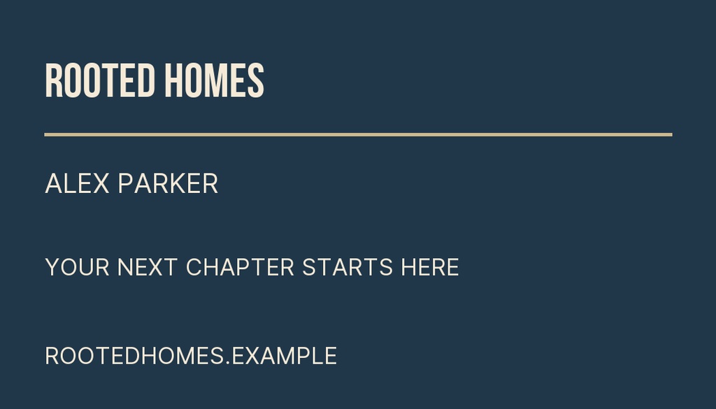 Landscape business card with the name Rooted Homes and agent details on a dark blue background.