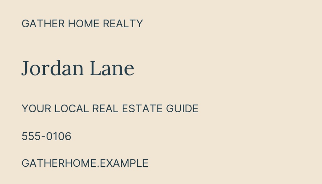 Minimal beige real estate contact card with agent name, phone number, and website
