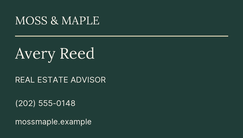 Landscape business card with Moss & Maple, Avery Reed, real estate advisor, phone number, and website on dark green background.