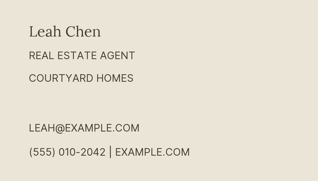 Minimal landscape business card with Leah Chen, real estate agent, Courtyard Homes, email, phone, and website.