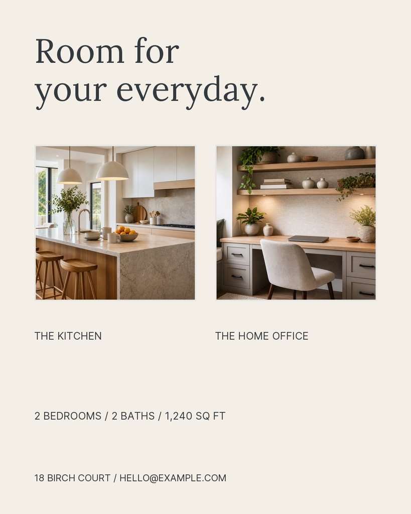 Portrait real estate listing template with kitchen, home office, and contact details.
