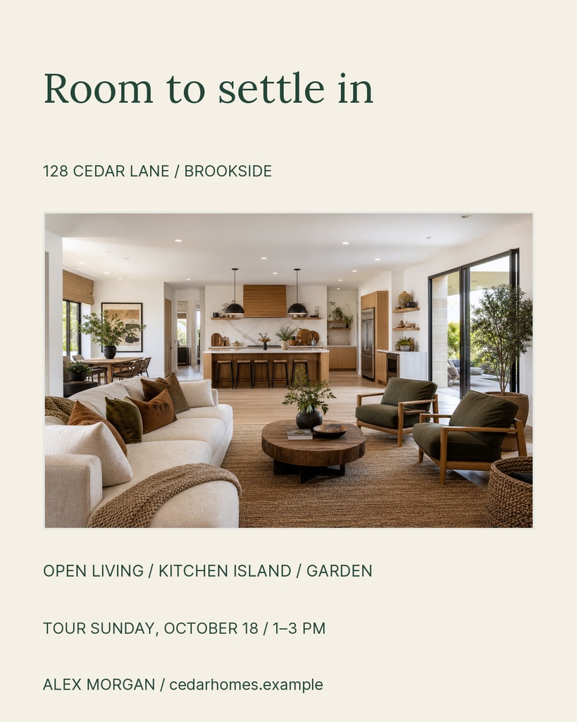Portrait real estate template with a modern living room photo and open house details.
