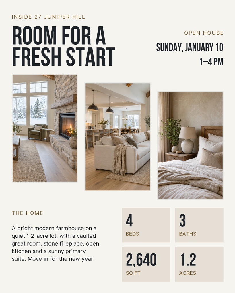 Real estate open house template with three interior photos and property details.