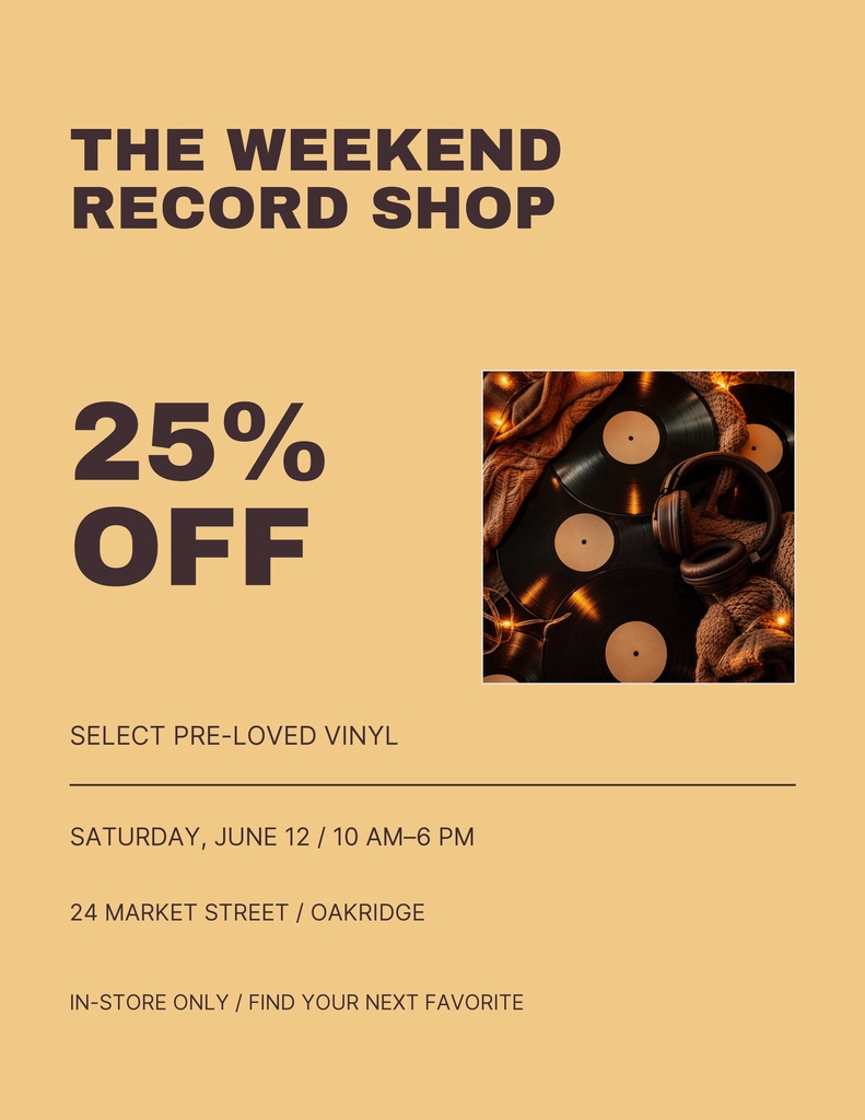 Portrait flyer for The Weekend Record Shop with 25% off pre-loved vinyl and a photo of records.
