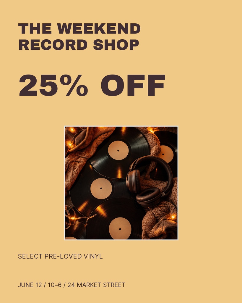 Portrait sale poster with vinyl records, headphones, and text reading 25% off.