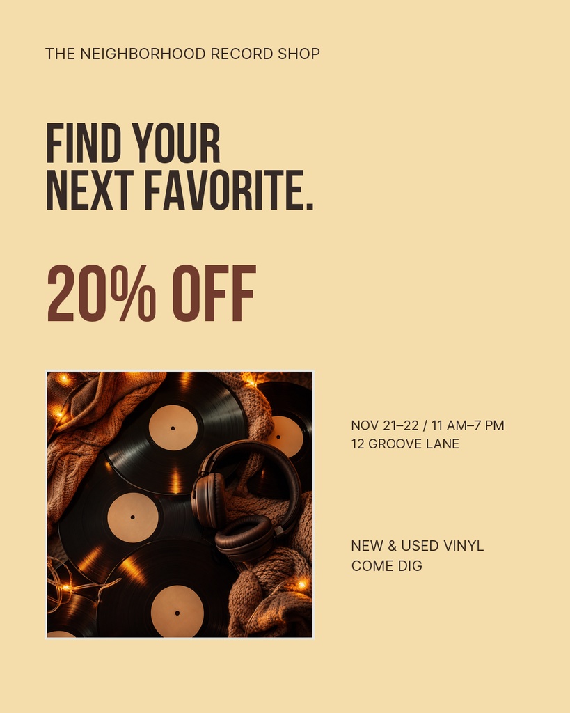 Portrait post with bold sale text, vinyl records, headphones, and event details on a beige background.