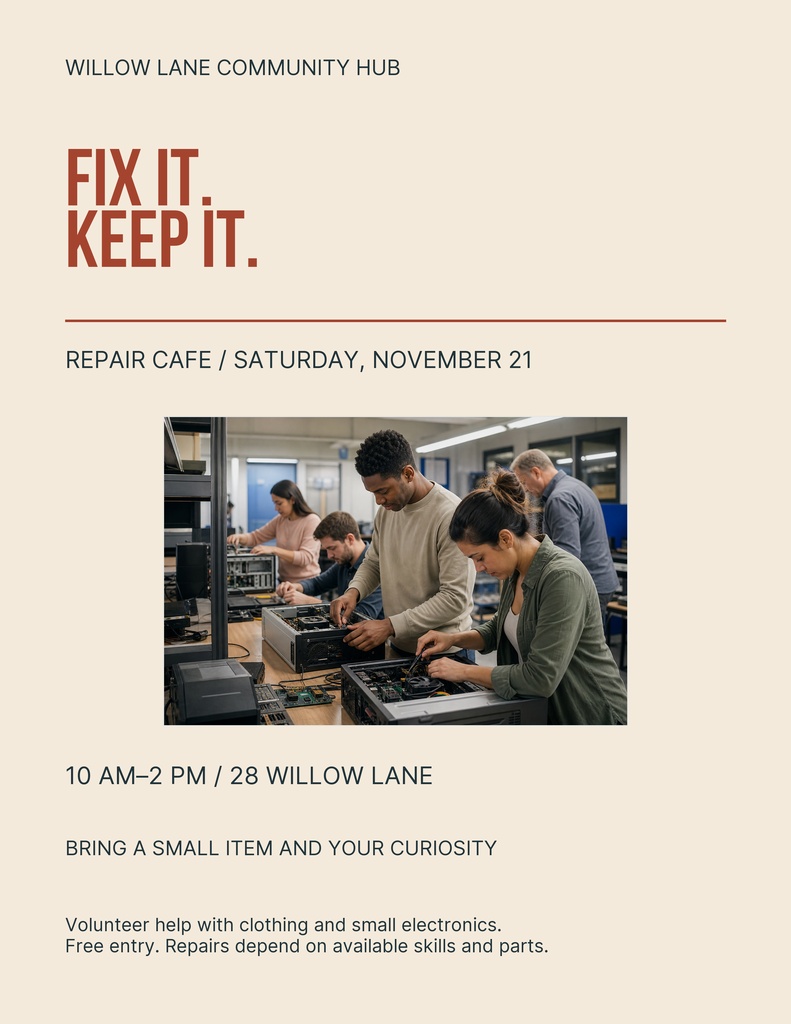 Portrait flyer for a repair cafe Saturday community workshop with volunteers repairing electronics.