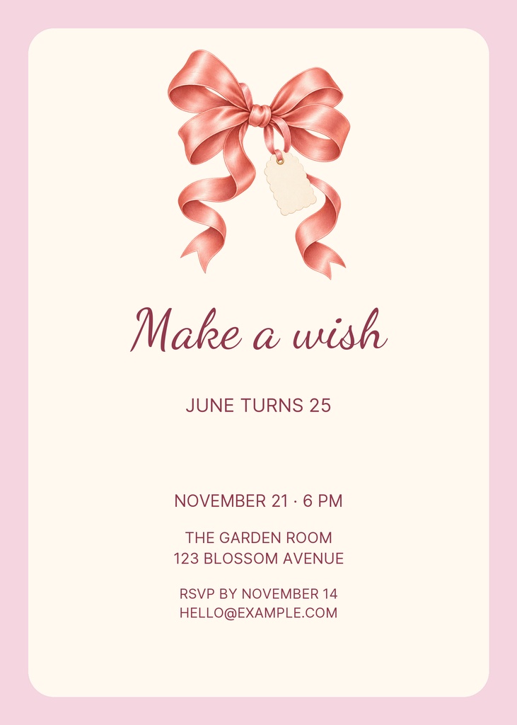 Pink birthday invitation with a satin bow, ribbon, and centered event details on a portrait card