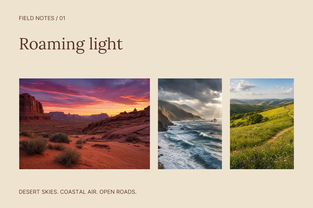 Landscape collage with desert sunset, ocean waves, and green hills on a beige background.