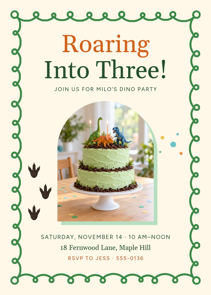 Portrait birthday invitation with green dinosaur border, cake photo, and roaring into three text.